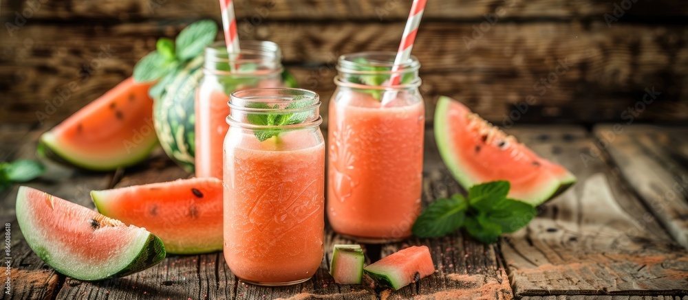 Poster melon smoothie in glass jars on a wooden table with a rustic background, ideal for a copy space imag