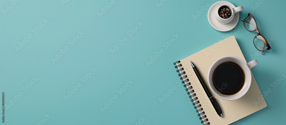 Fototapete cream paper notebook and black pen on an office desktop with accessories on a blue background, embod