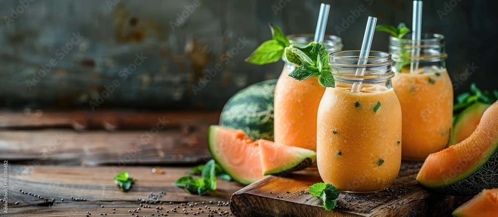 Poster Melon smoothie in glass jars on a wooden table with a rustic background, ideal for a copy space image.
