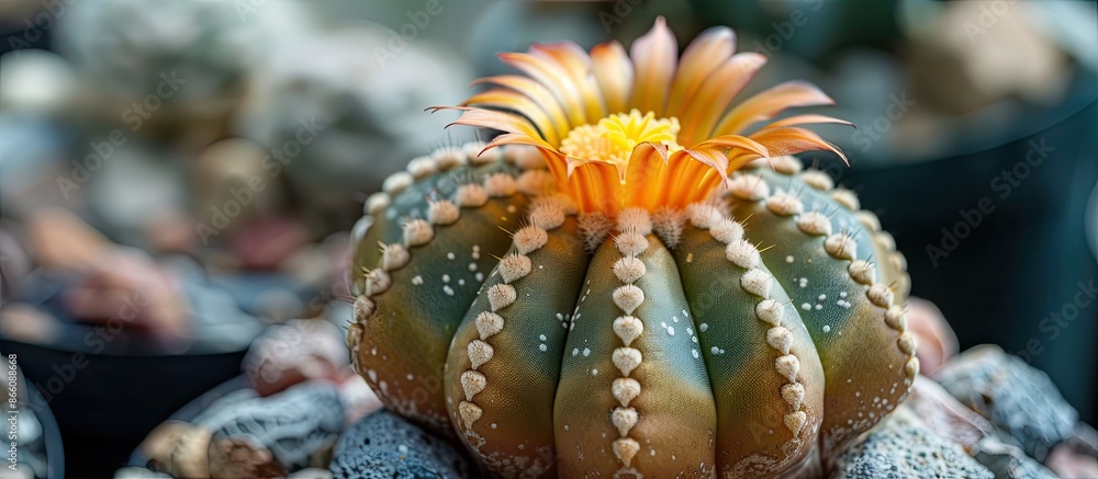 Poster detailed closeup of astrophytum asterias superkabuto with ample copy space image.