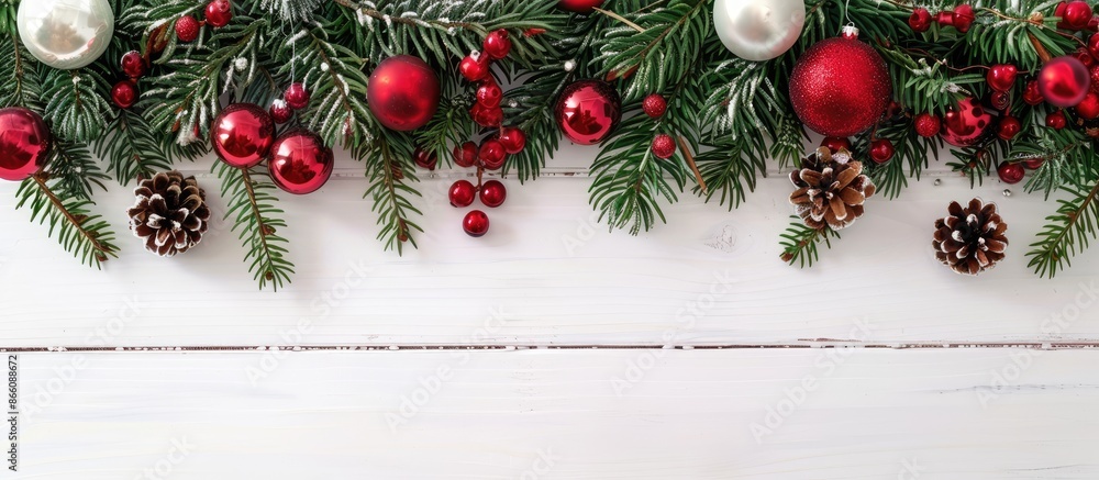 Aufkleber top view christmas ornament garland frame concept background on a white wooden table with copy space