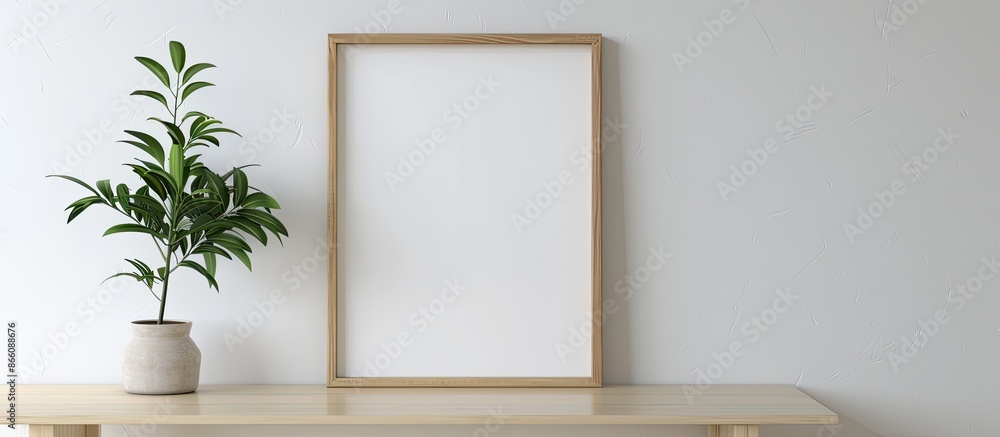 Leinwandbilder Table with a houseplant next to a photo frame on a white wall with a space for images. Copy space image. Place for adding text and design