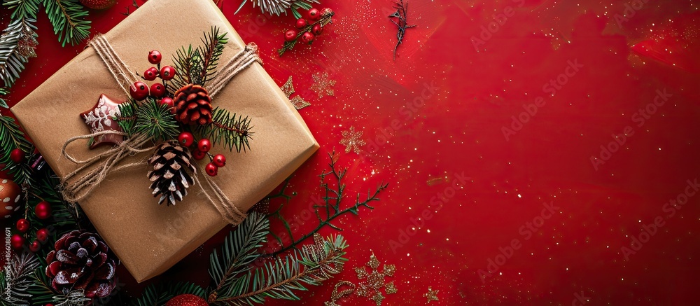 Poster top view of a christmas gift box wrapped in kraft paper with decorations on a red background contain