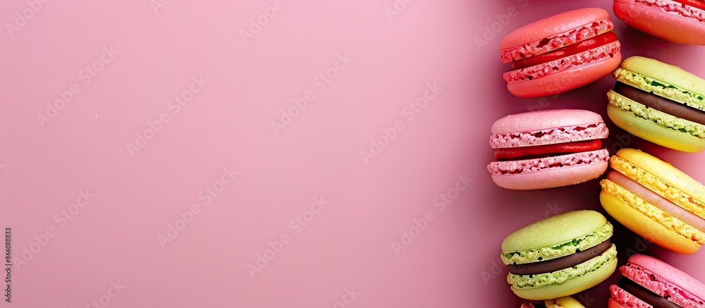 Poster top view of vibrant macarons against a pink background with copy space image.