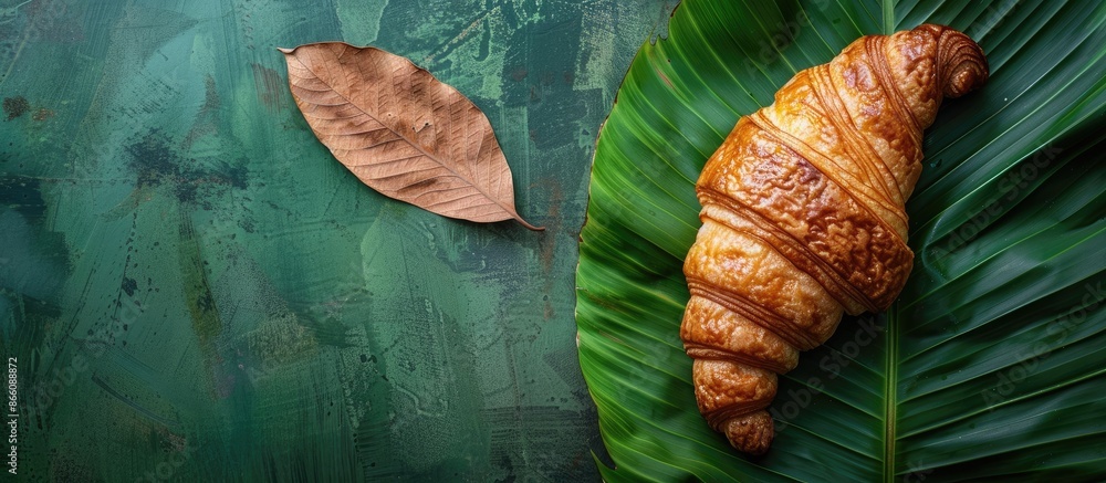 Poster a detailed image of a croissant placed on a banana leaf with space for additional content.