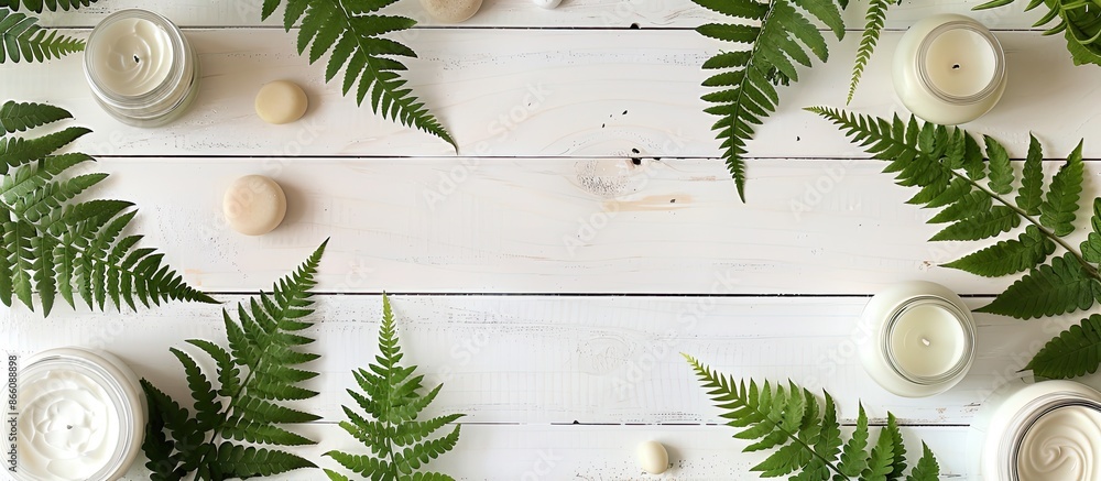 Poster A serene spa ambiance featuring beauty products and fern leaves on a pristine white wood table with a clear space for an image. Copy space image. Place for adding text and design