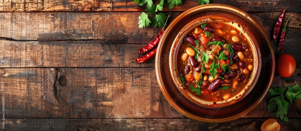 Poster a rustic bowl of tasty chili bean soup on a wooden background with ample copy space image.