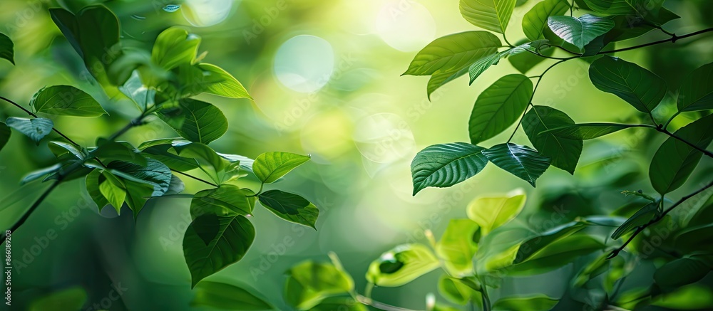 Aufkleber blurry green leaves create a nature-themed copy space image with soft lighting, perfect for creative