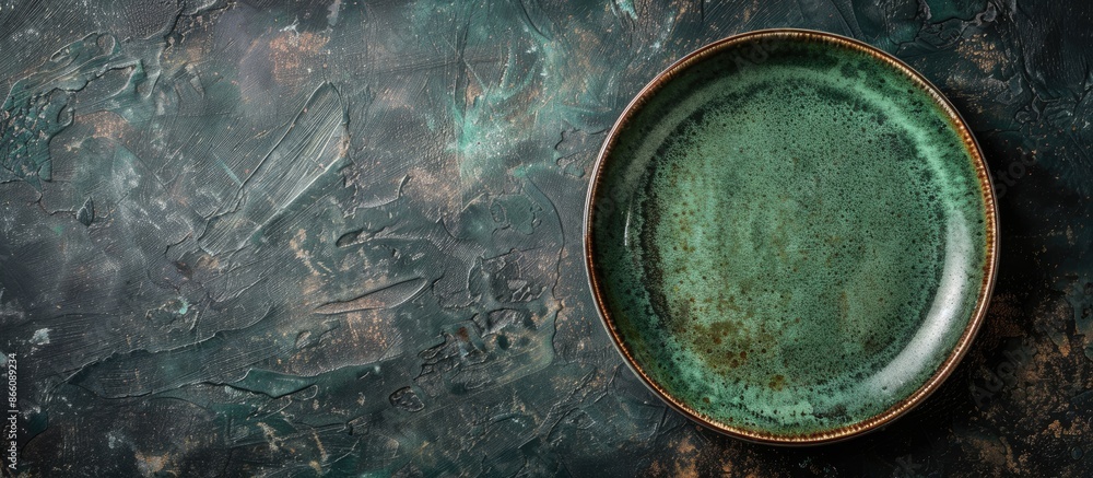 Aufkleber Rustic green plate on a dark table with a rough surface in a top-view setting, featuring a copy space image for menu or recipe backgrounds.