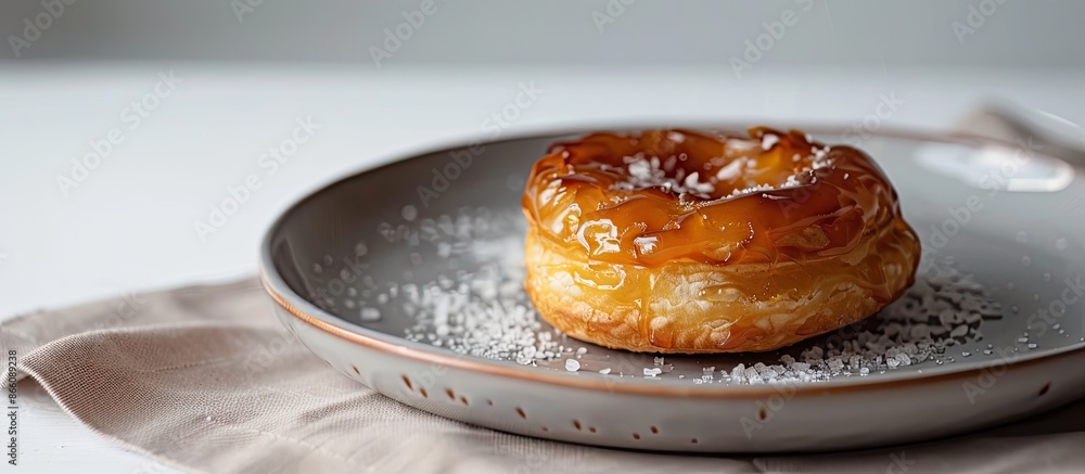 Aufkleber a salted caramel croffle is displayed on a gray plate against a white backdrop with copy space image