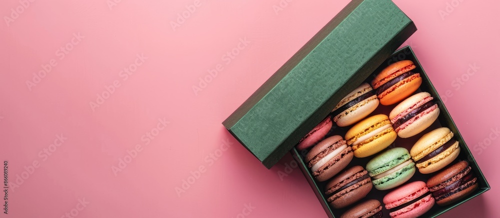 Poster colorful macaroons on a dark green box over a pink backdrop with various fillings. the horizontal co