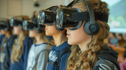 Group of children using virtual reality headsets in a classroom setting, exploring immersive educational experiences together.