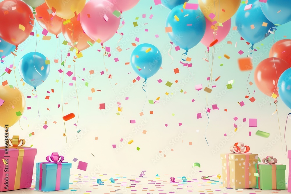 Poster brightly colored balloons and confetti float above wrapped presents in a festive birthday party scen
