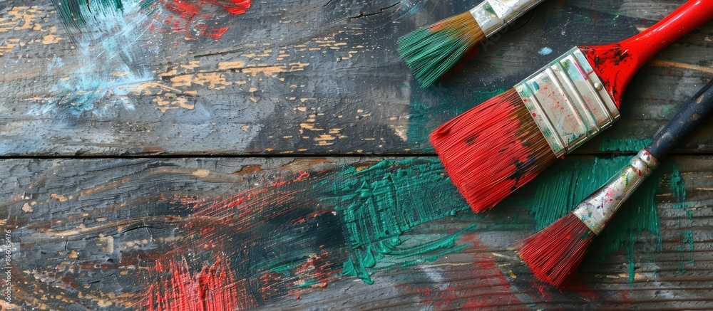 Poster close-up flat lay of red and green paint brushes on a wooden surface, conveying a design concept wit