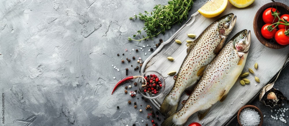 Aufkleber Trout with lemon and spices is displayed on a white stone board against a gray background with ample copy space image for text in a flat lay composition.