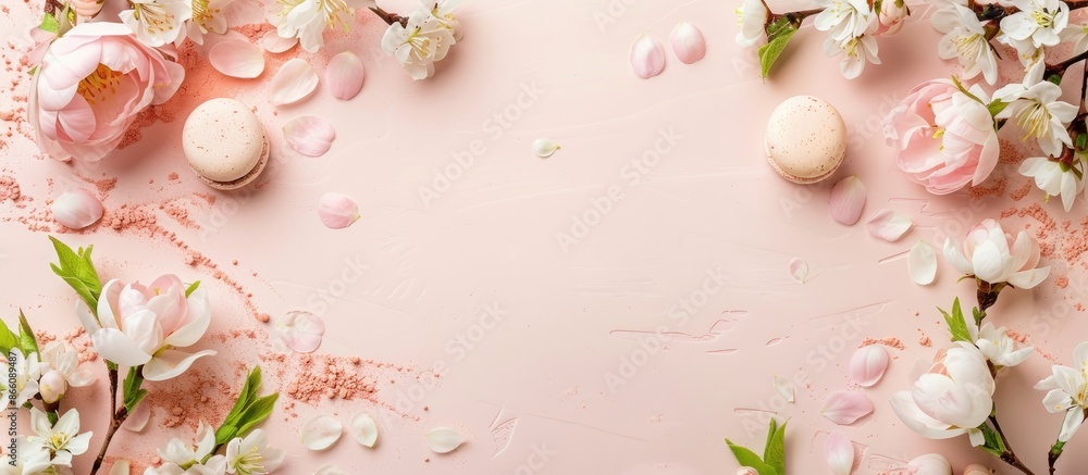 Aufkleber Spring background with a desk featuring ample copy space image for decoration and flowers.