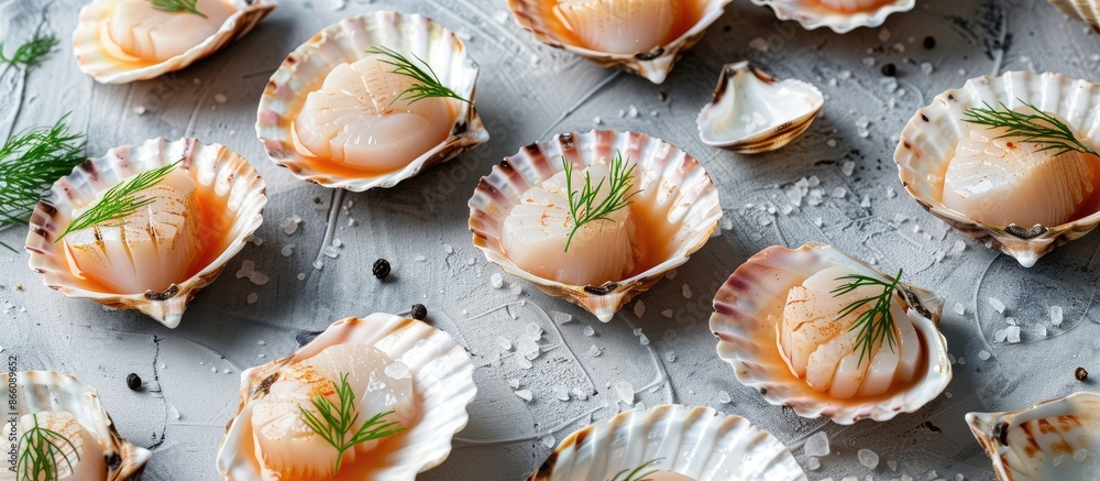 Aufkleber flat lay with numerous fresh raw scallops in shells on a grey table, offering ample copy space image