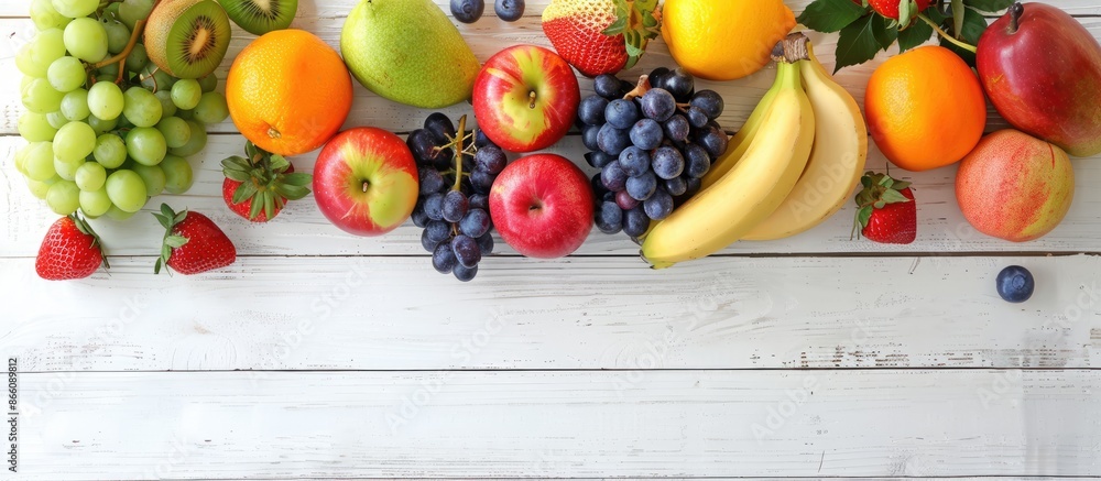 Poster Different fruits displayed on a white wooden surface with ample copy space image.