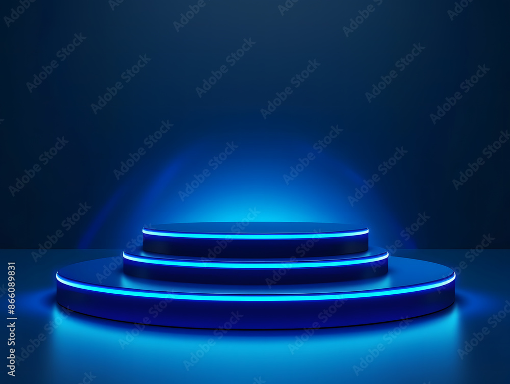 Poster image of a futuristic digital technology stage with glowing blue platform for showcasing advanced te