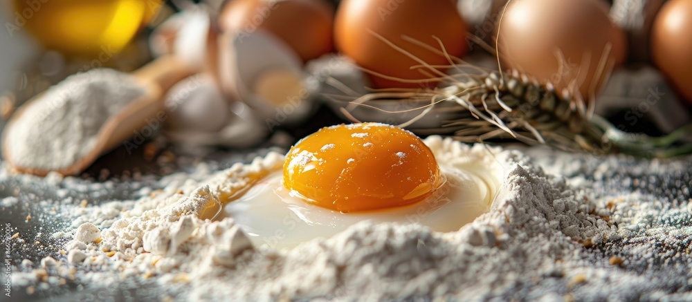 Poster a vibrant image of a chicken egg coated in flour, showcasing the rich hues of the yolk and wheat flo