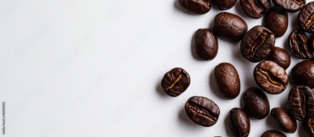 Aufkleber Close-up macro shot of roasted coffee beans creating a textured pattern on a white background with space for text or graphics. Copy space image. Place for adding text and design