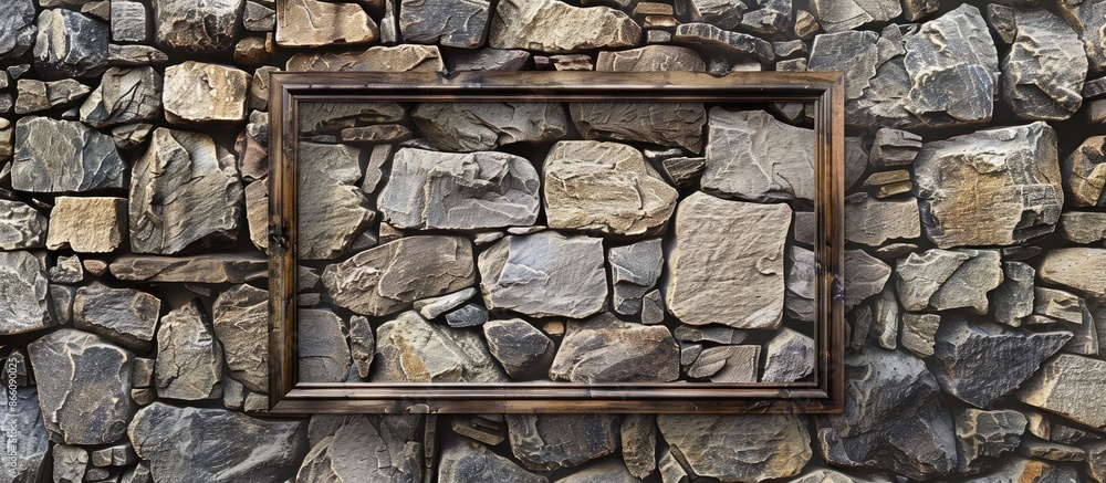 Poster Stone wall with an empty picture frame billboard can be used as a white canvas mock-up image. Copy space image. Place for adding text and design