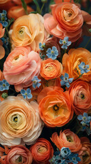 A bouquet of ranunculus flowers in shades of coral and buttercup yellow, accented with dainty forget-me-nots against a dreamy sunset backdrop.