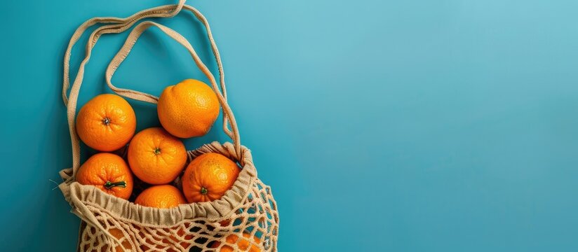 Top view flat lay composition featuring a beige string bag filled with oranges on a blue background, depicting a modern, waste-free shopping concept, with ample copy space image.