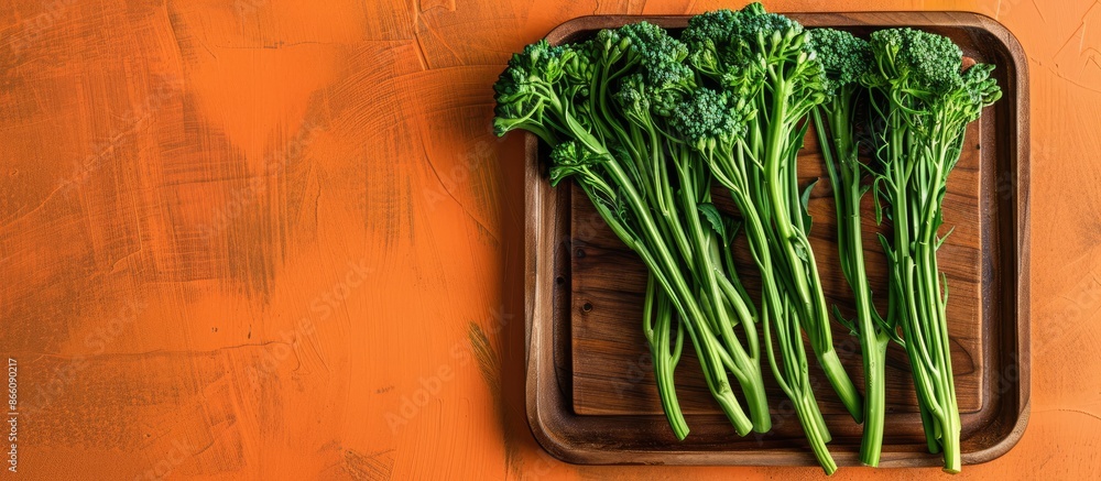 Poster baby broccolini arranged on a wooden tray with an orange backdrop in a top-down perspective, showcas