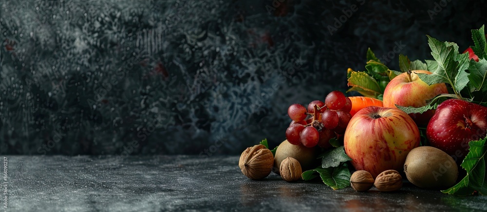 Poster fresh fruits, vegetables, and nuts displayed in a close-up on a dark surface with copy space image.