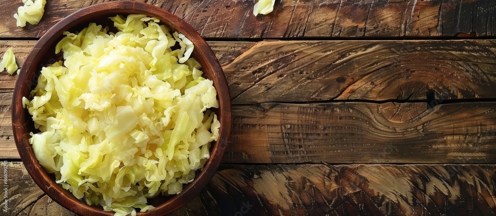 Poster close-up of delicious homemade fermented cabbage on a wooden surface with copy space image.