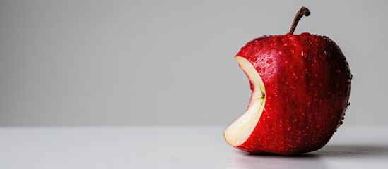Red apple with a bite taken out, set against a white backdrop, with selective focus for a copy space image.