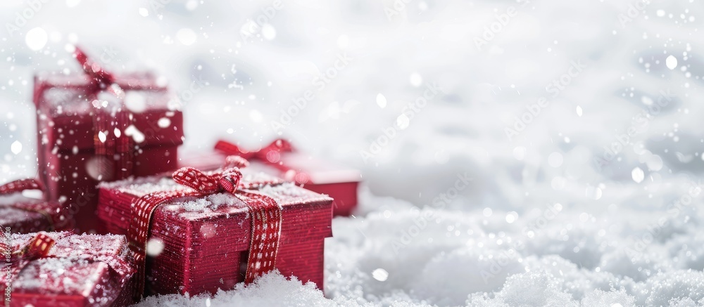 Leinwandbilder Red gift boxes placed in the snow on a white backdrop with a designated area for text or images. Copy space image. Place for adding text and design