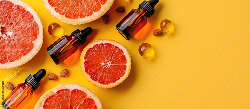 Poster Essential oil bottles and grapefruit slices on a vibrant yellow backdrop with copy space image.