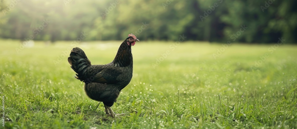 Poster A black chicken stands in a lush green field with ample room for text or other elements in the copy space image.