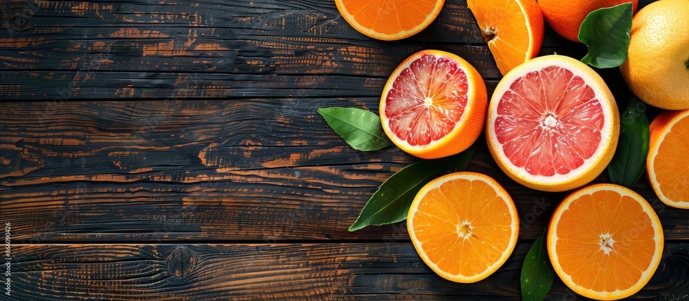 Poster panoramic top-view of fresh grapefruits and oranges on a dark wooden surface, showing wide copy spac
