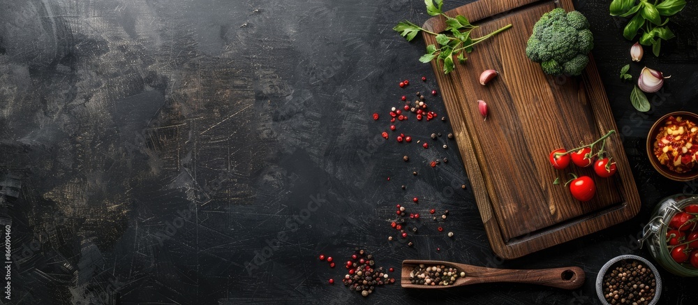 Poster Wooden cutting board and various ingredients displayed on black table in flat lay composition with copy space image.