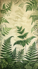 Botanical illustrations of ferns and moss in shades of green, with intricate details and scientific accuracy, on a backdrop of vintage botanical sketches.