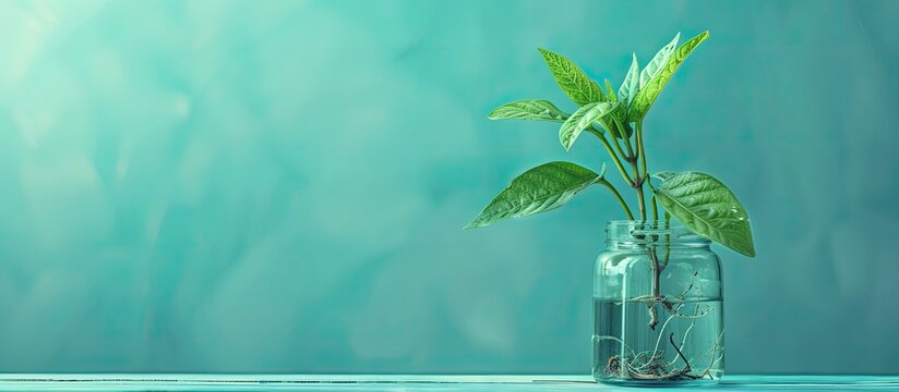 Plant displayed in a transparent jar against a turquoise background with copy space image.
