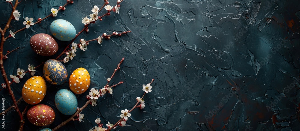 Poster Easter eggs nestle among blossoming branches against a dark backdrop with room for text or a picture. Copy space image. Place for adding text and design