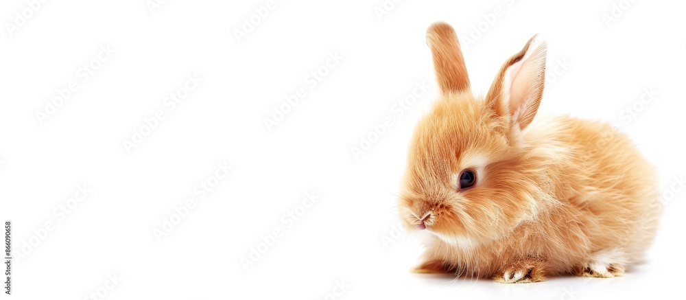 Poster adorable fluffy bunny isolated on white backdrop with available copy space image.