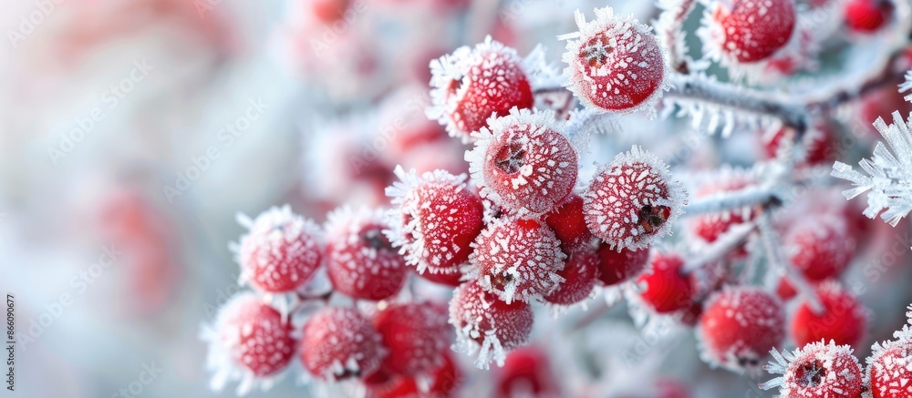 Aufkleber frozen red berries covered in hoarfrost on a chilly winter day, creating a picturesque scene with a 