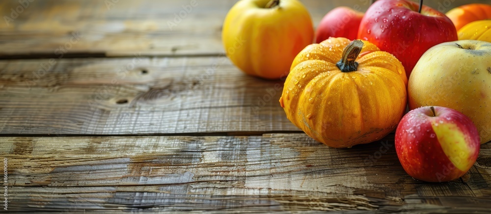 Poster Wooden background with a pumpkin and red and yellow apples setup for a perfect autumn copy space image.