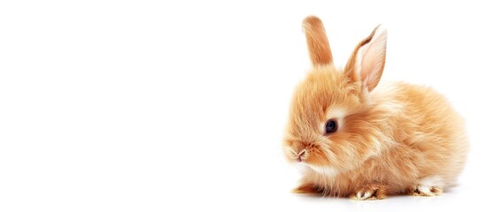 Fototapeta premium Adorable fluffy bunny isolated on white backdrop with available copy space image.