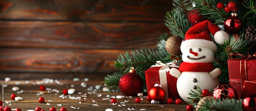 Poster festive christmas decorations with gift boxes and snowman cookie adorn the fir tree branches on a wo