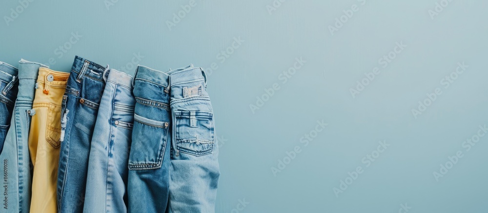 Poster display of various denim jeans next to a bright wall. includes copy space image.