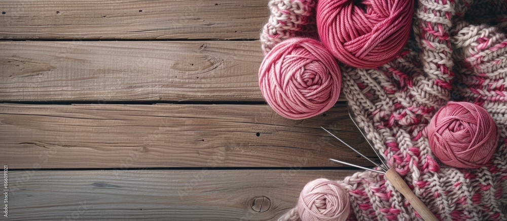 Poster Horizontal image featuring a knitted item with needles and a pink yarn skein on a wooden backdrop, offering copy space.