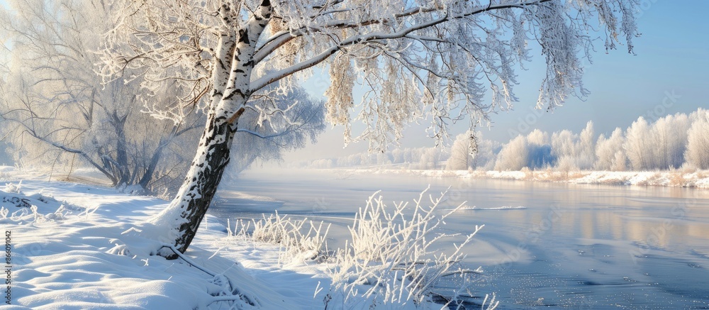 Leinwandbilder winter view of a birch tree on a riverbank covered with snow and frost, creating a serene scene with