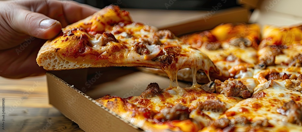 Poster Close-up shot of a hand holding a slice of meat pizza in a box with copy space image included.