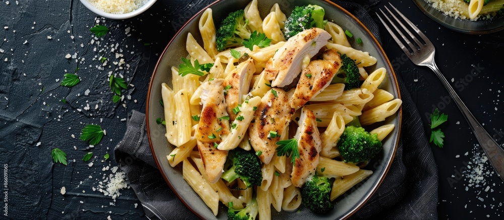 Poster top view of a plate with homemade penne alfredo pasta featuring chicken and broccoli, photographed f